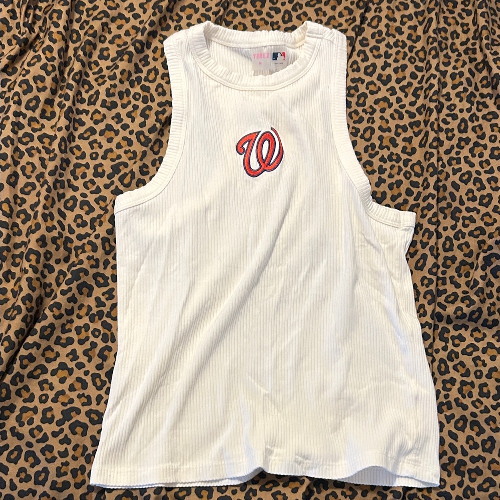 Terez White Sleeveless Top with Red Logo